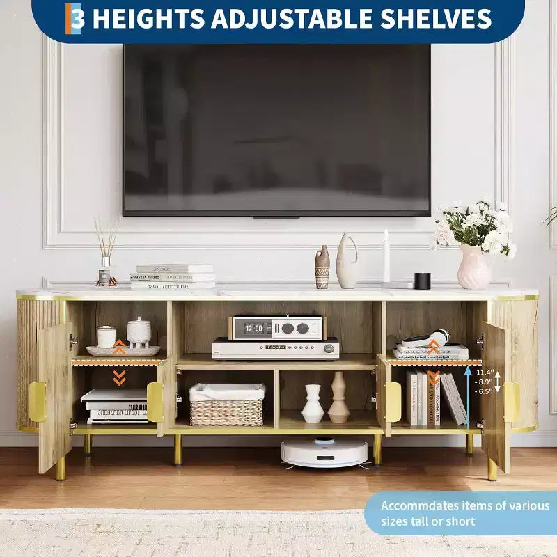 Mueble para TV de cuatro puertas con patrón de ondas redondas, centro de entretenimiento grande de lujo de 70, estantes ajustables