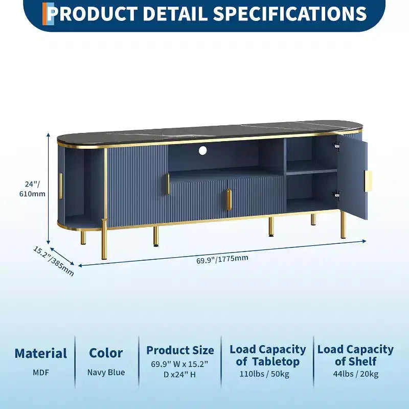 Mueble para TV de cuatro puertas con patrón de ondas redondas, centro de entretenimiento grande de lujo de 70, estantes ajustables