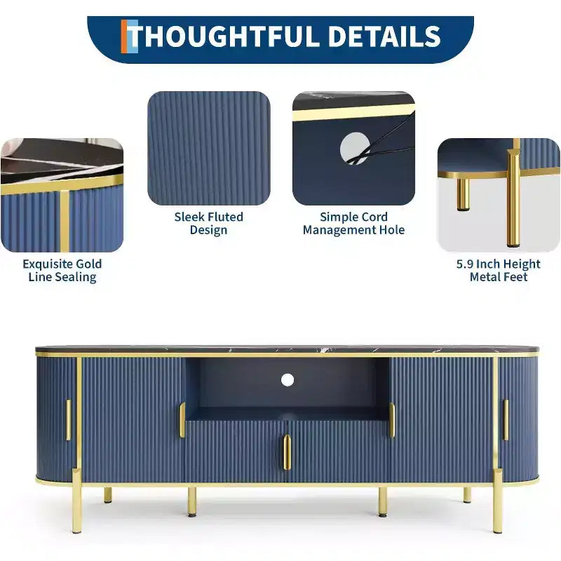 Mueble para TV de cuatro puertas con patrón de ondas redondas, centro de entretenimiento grande de lujo de 70, estantes ajustables