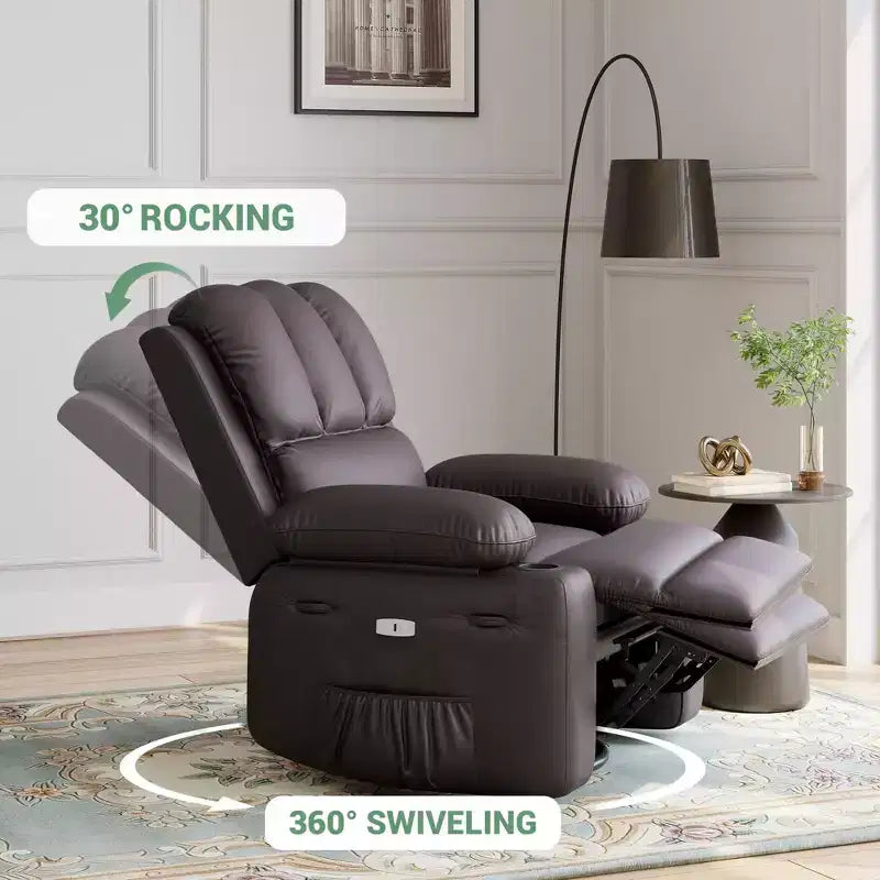 Massagesessel für Erwachsene, drehbarer Schaukelstuhl mit Wärmefunktion, Kunstleder, Fernbedienung, Getränkehalter, Seitentasche, breiter Relaxsessel für Wohnzimmer und Schlafzimmer