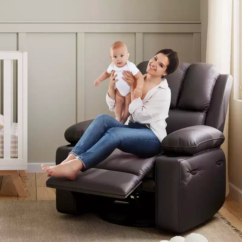 Massagesessel für Erwachsene, drehbarer Schaukelstuhl mit Wärmefunktion, Kunstleder, Fernbedienung, Getränkehalter, Seitentasche, breiter Relaxsessel für Wohnzimmer und Schlafzimmer