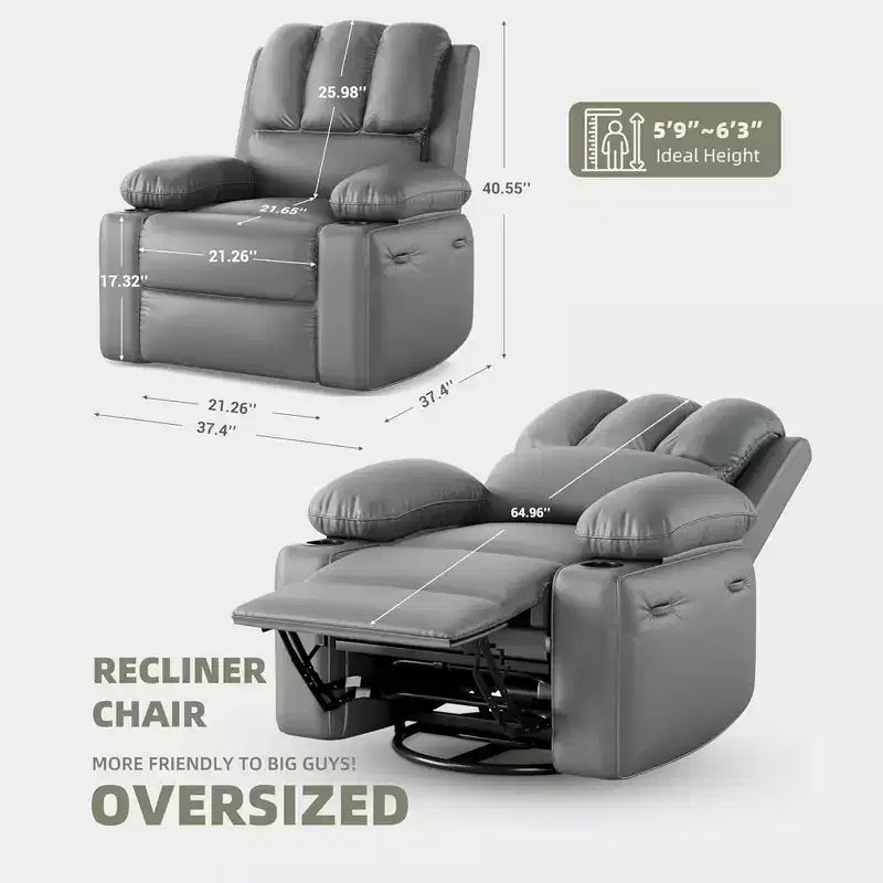 Massagesessel für Erwachsene, drehbarer Schaukelstuhl mit Wärmefunktion, Kunstleder, Fernbedienung, Getränkehalter, Seitentasche, breiter Relaxsessel für Wohnzimmer und Schlafzimmer