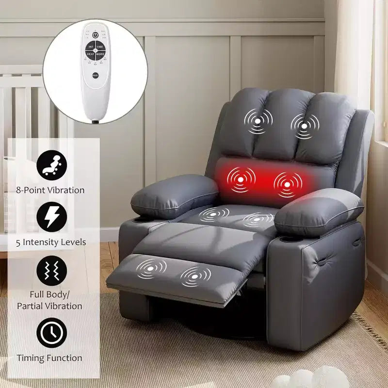 Massagesessel für Erwachsene, drehbarer Schaukelstuhl mit Wärmefunktion, Kunstleder, Fernbedienung, Getränkehalter, Seitentasche, breiter Relaxsessel für Wohnzimmer und Schlafzimmer