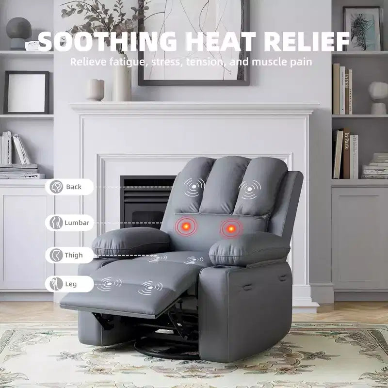 Massagesessel für Erwachsene, drehbarer Schaukelstuhl mit Wärmefunktion, Kunstleder, Fernbedienung, Getränkehalter, Seitentasche, breiter Relaxsessel für Wohnzimmer und Schlafzimmer