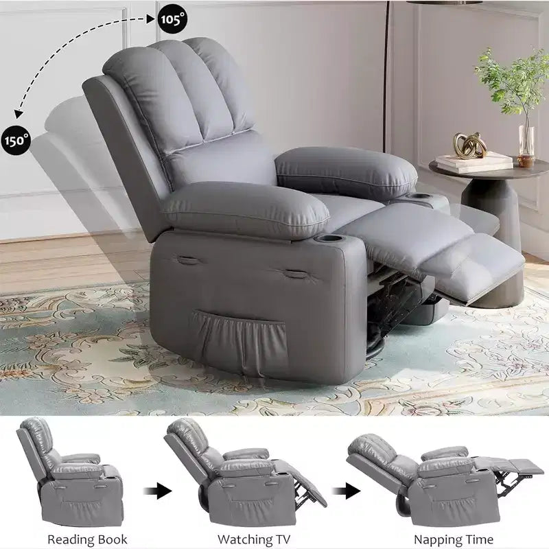 Massagesessel für Erwachsene, drehbarer Schaukelstuhl mit Wärmefunktion, Kunstleder, Fernbedienung, Getränkehalter, Seitentasche, breiter Relaxsessel für Wohnzimmer und Schlafzimmer