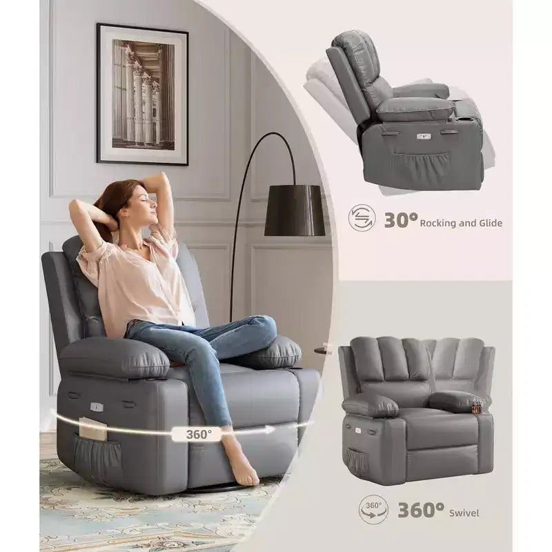 Massagesessel für Erwachsene, drehbarer Schaukelstuhl mit Wärmefunktion, Kunstleder, Fernbedienung, Getränkehalter, Seitentasche, breiter Relaxsessel für Wohnzimmer und Schlafzimmer