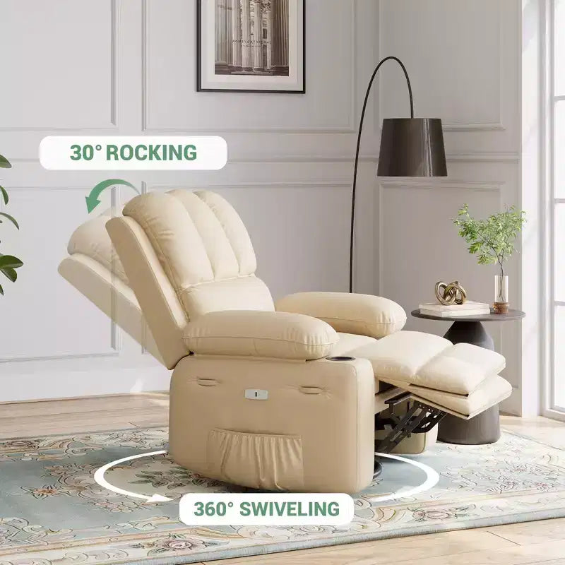 Massagesessel für Erwachsene, drehbarer Schaukelstuhl mit Wärmefunktion, Kunstleder, Fernbedienung, Getränkehalter, Seitentasche, breiter Relaxsessel für Wohnzimmer und Schlafzimmer