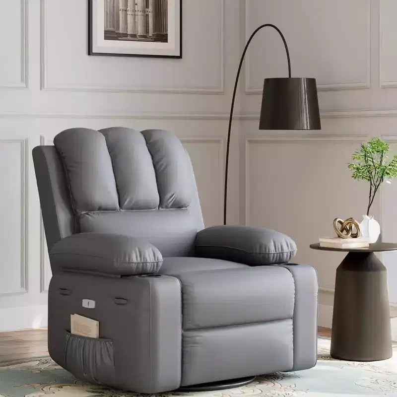 Massagesessel für Erwachsene, drehbarer Schaukelstuhl mit Wärmefunktion, Kunstleder, Fernbedienung, Getränkehalter, Seitentasche, breiter Relaxsessel für Wohnzimmer und Schlafzimmer