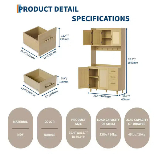 Armoire de rangement de cuisine en rotin de 71, bahut avec support pour four à micro-ondes, étagères réglables et 6 crochets, naturel