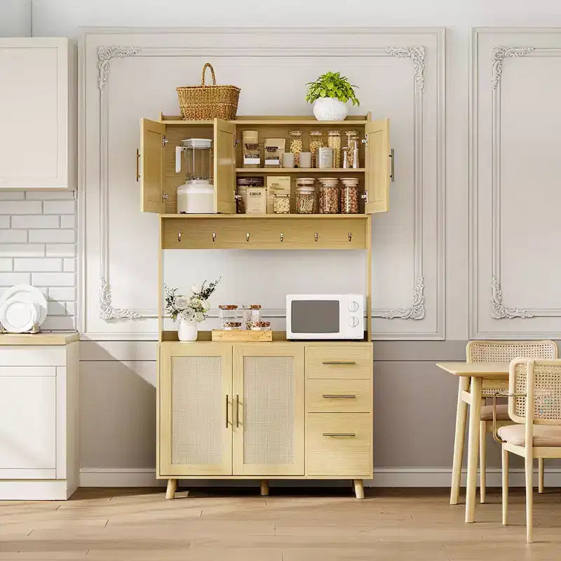 71 Küchenvorratsschrank aus Rattan, Buffetschrank mit Mikrowellenständer, verstellbare Ablagen und 6 Haken, Natur