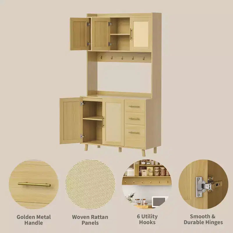 71 Küchenvorratsschrank aus Rattan, Buffetschrank mit Mikrowellenständer, verstellbare Ablagen und 6 Haken, Natur