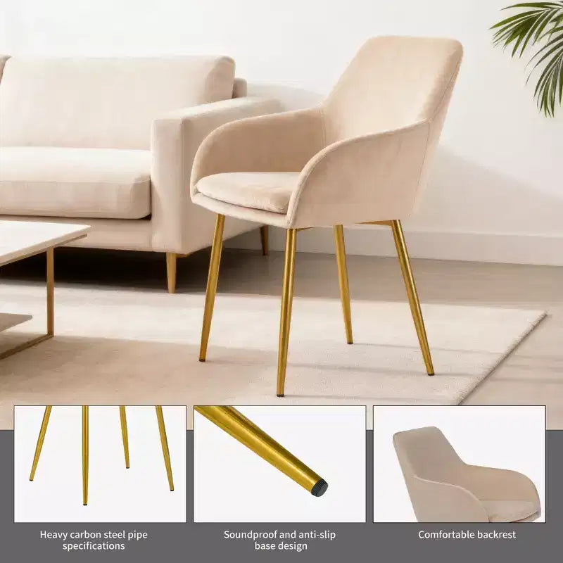 Moderne gepolsterte Esszimmerstühle aus Samt mit goldfarbenen Metallbeinen (2er-Set)