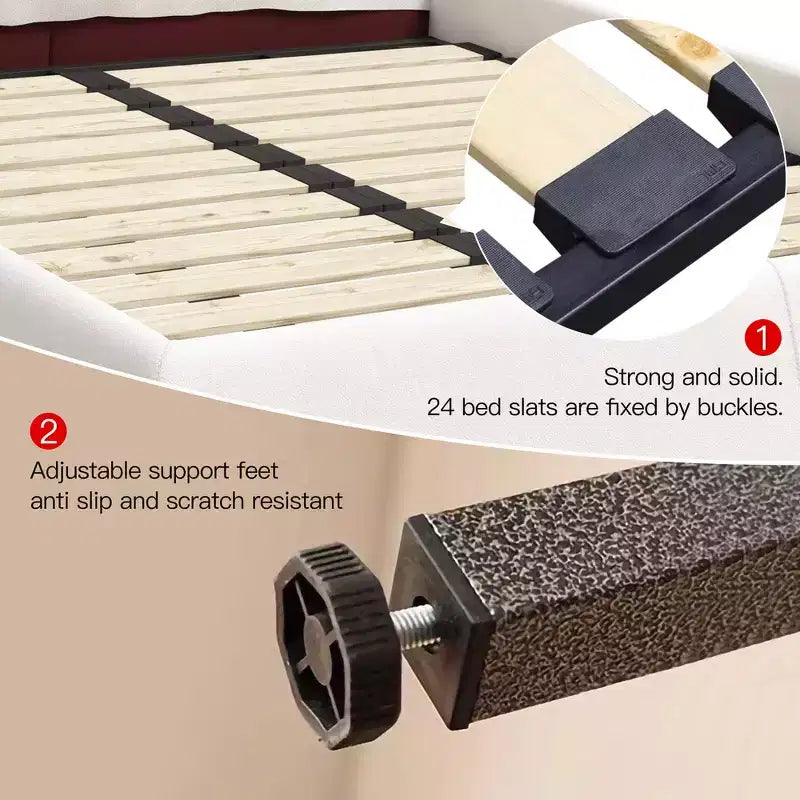 Cama tapizada tamaño king con plataforma, estructura de metal y madera maciza y cabecero de terciopelo con forma especial