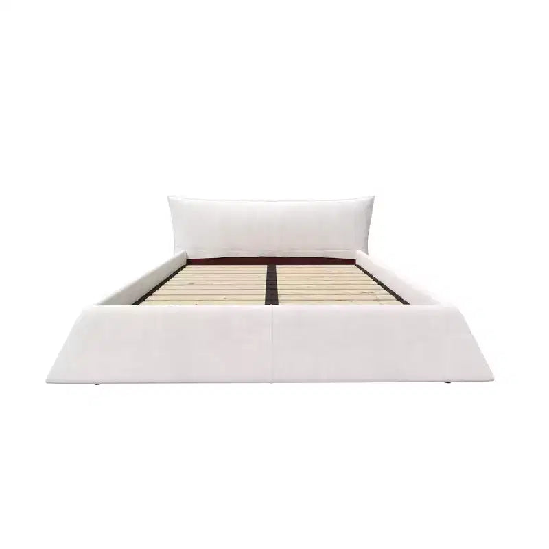Cama tapizada tamaño king con plataforma, estructura de metal y madera maciza y cabecero de terciopelo con forma especial
