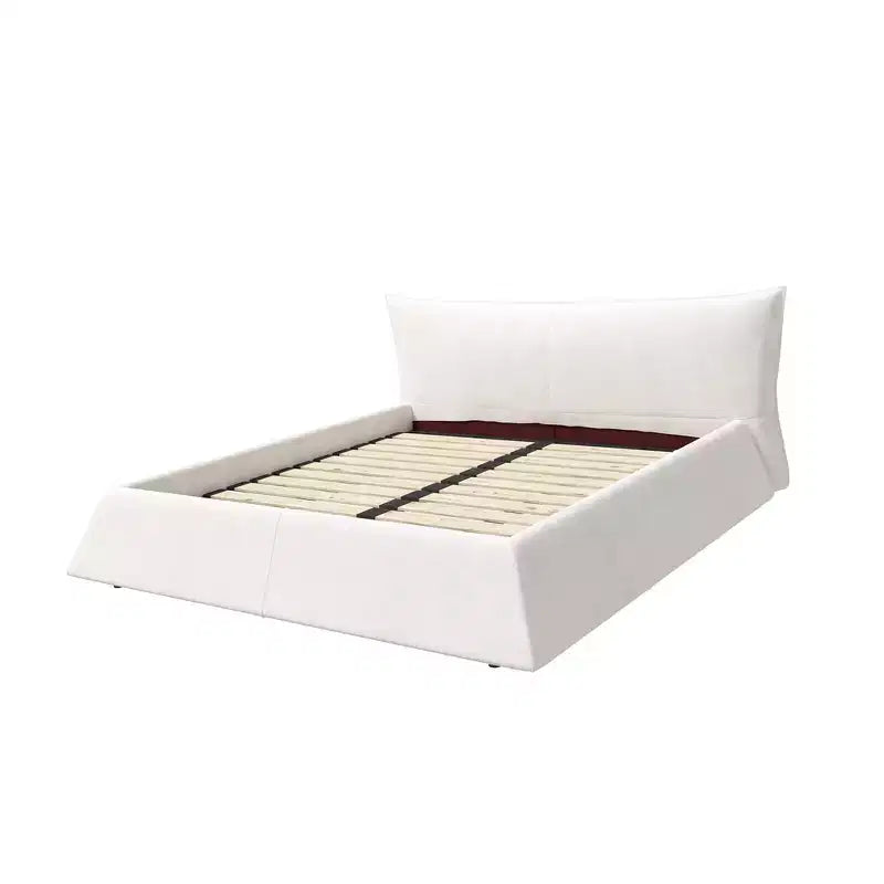 Cama tapizada tamaño king con plataforma, estructura de metal y madera maciza y cabecero de terciopelo con forma especial