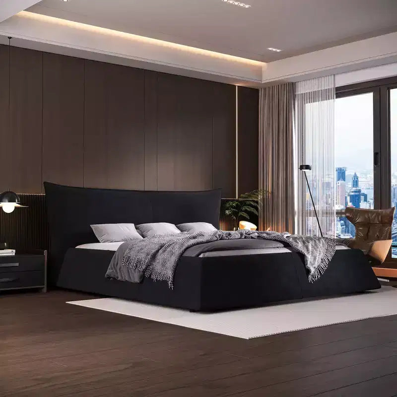 Cama tapizada tamaño king con plataforma, estructura de metal y madera maciza y cabecero de terciopelo con forma especial