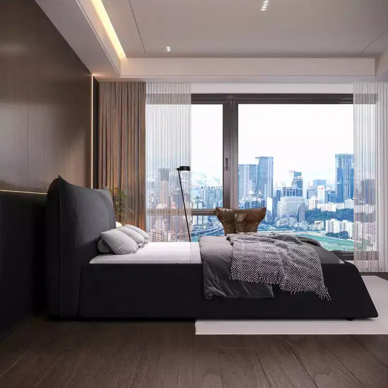 Cama tapizada tamaño king con plataforma, estructura de metal y madera maciza y cabecero de terciopelo con forma especial