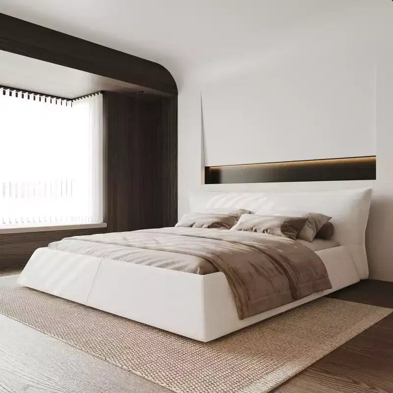 Polsterbett mit Plattform, King-Size, Bettgestell aus Metall und Massivholz mit samtbezogenem Kopfteil in Sonderform