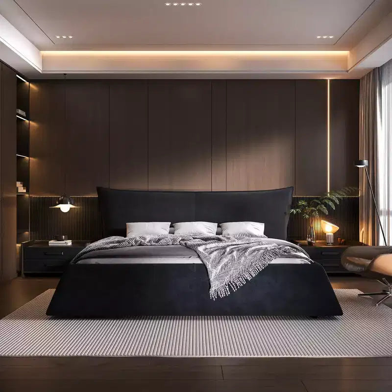 Cama tapizada tamaño king con plataforma, estructura de metal y madera maciza y cabecero de terciopelo con forma especial