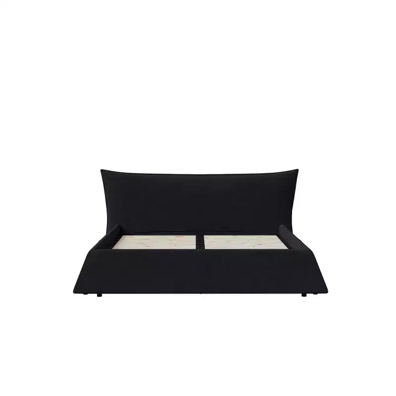 Cama tapizada tamaño king con plataforma, estructura de metal y madera maciza y cabecero de terciopelo con forma especial