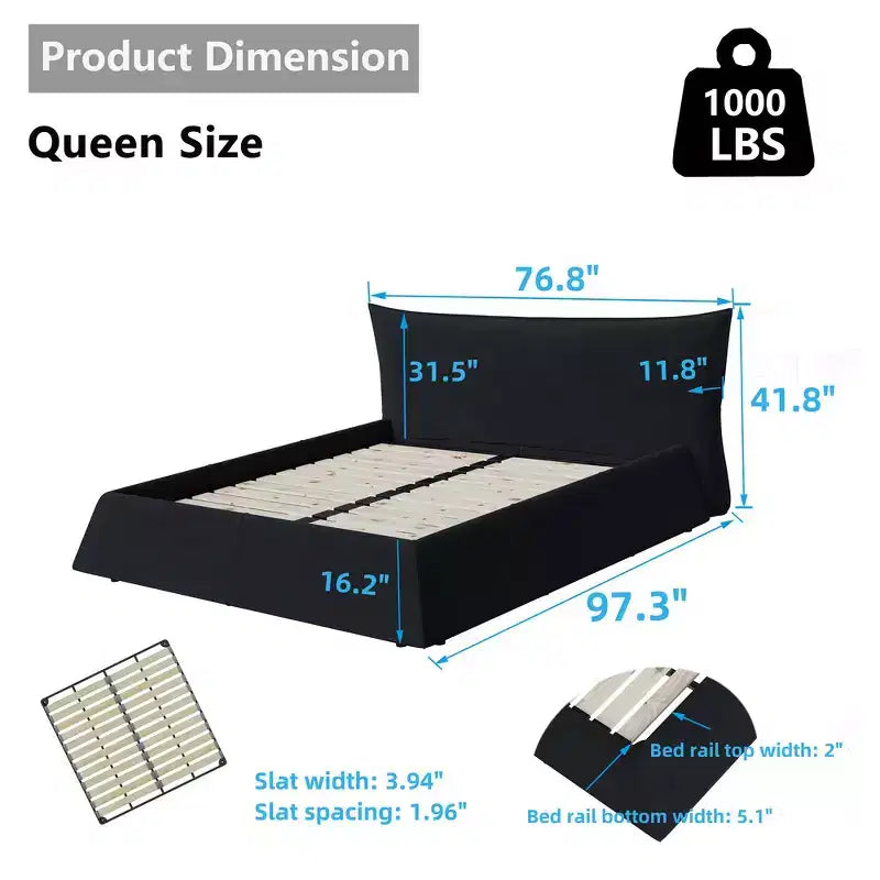 Cama tapizada tamaño king con plataforma, estructura de metal y madera maciza y cabecero de terciopelo con forma especial