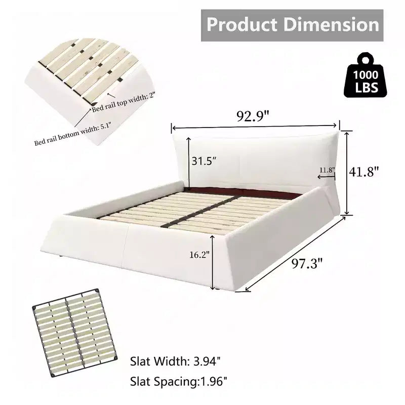 Cama tapizada tamaño king con plataforma, estructura de metal y madera maciza y cabecero de terciopelo con forma especial