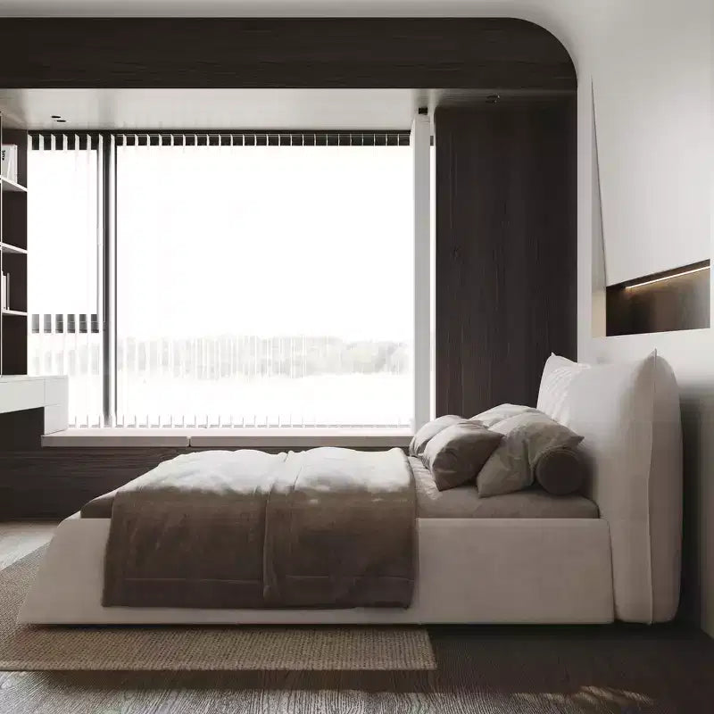 Cama tapizada tamaño king con plataforma, estructura de metal y madera maciza y cabecero de terciopelo con forma especial