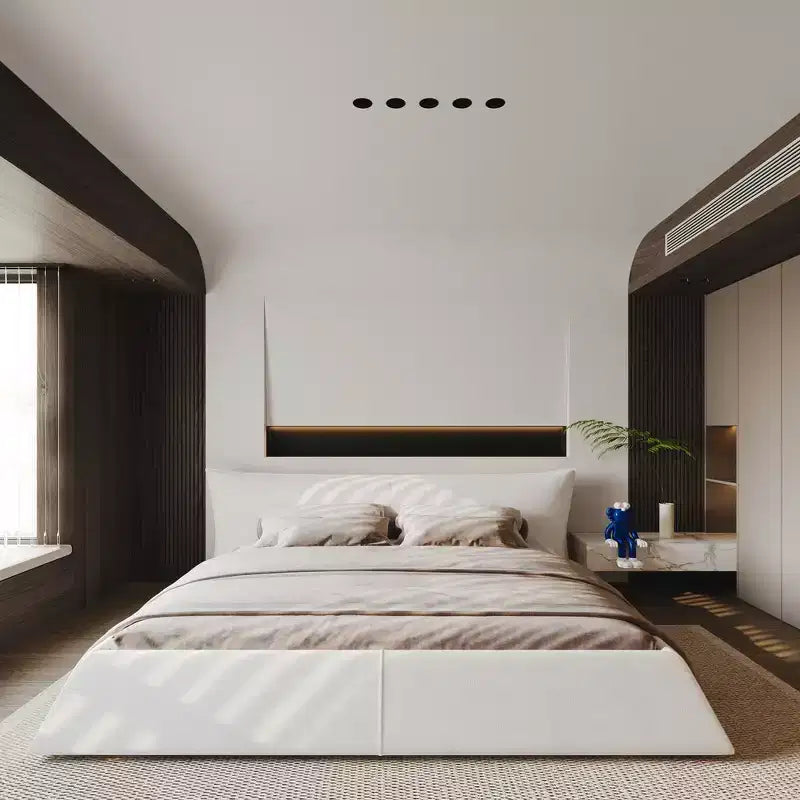 Cama tapizada tamaño king con plataforma, estructura de metal y madera maciza y cabecero de terciopelo con forma especial