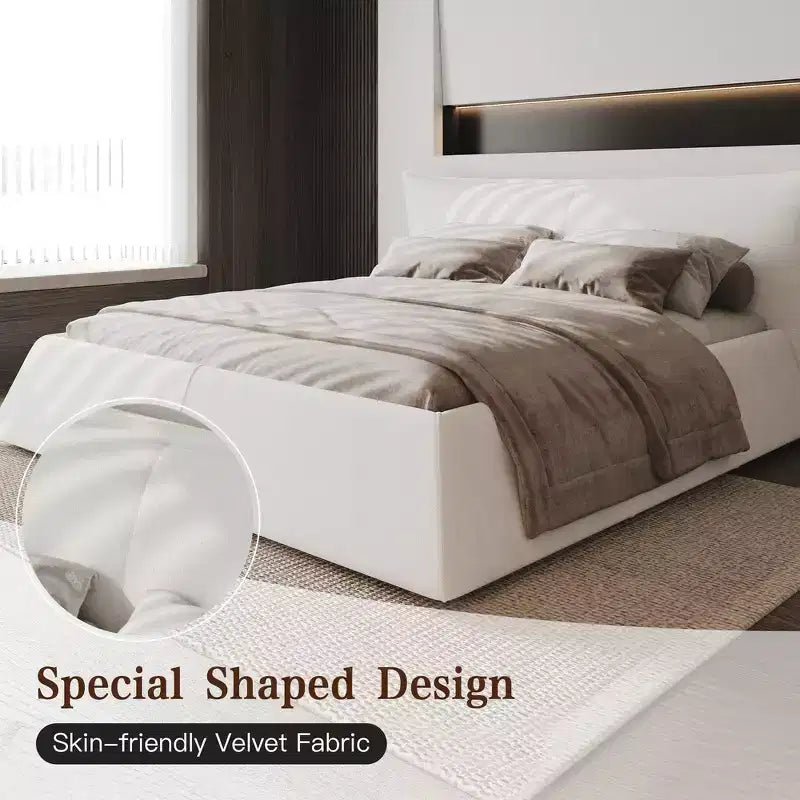 Cama tapizada tamaño king con plataforma, estructura de metal y madera maciza y cabecero de terciopelo con forma especial