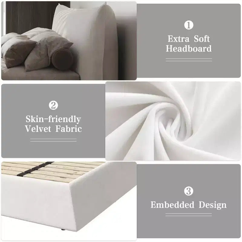 Cama tapizada tamaño king con plataforma, estructura de metal y madera maciza y cabecero de terciopelo con forma especial