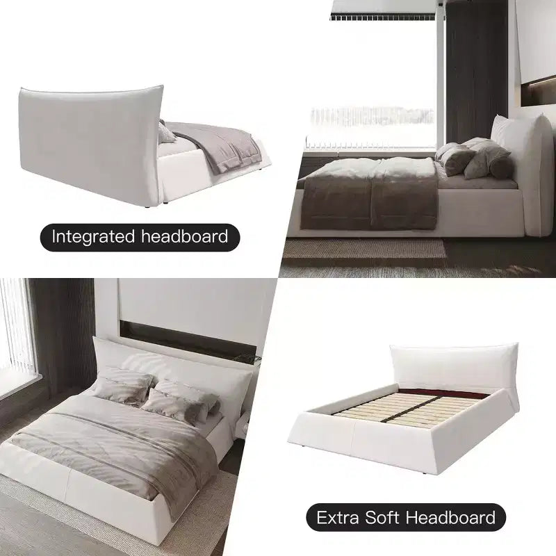 Cama tapizada tamaño king con plataforma, estructura de metal y madera maciza y cabecero de terciopelo con forma especial