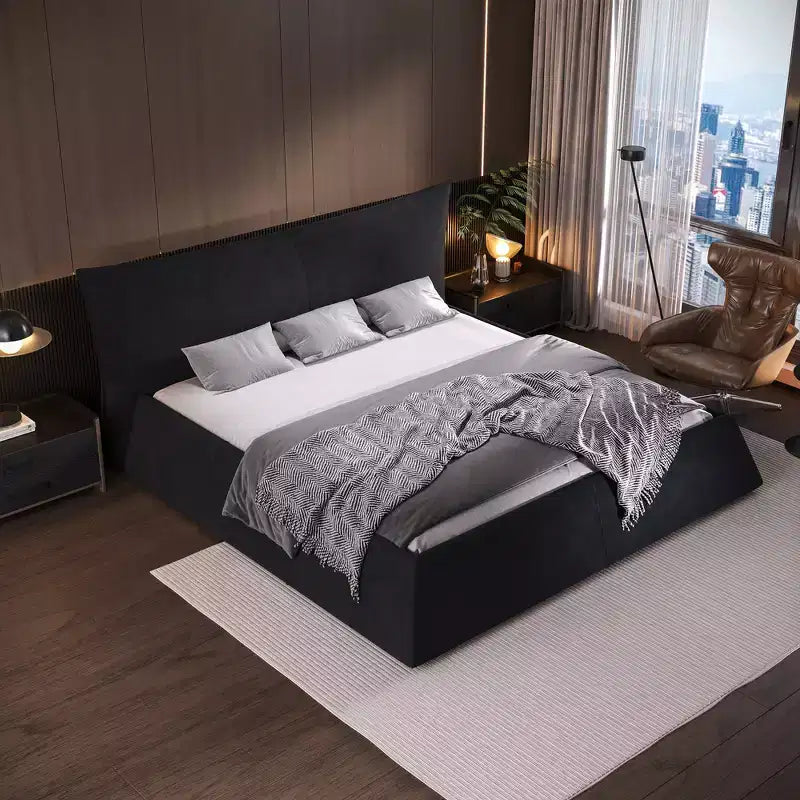Polsterbett mit Plattform, King-Size, Bettgestell aus Metall und Massivholz mit samtbezogenem Kopfteil in Sonderform