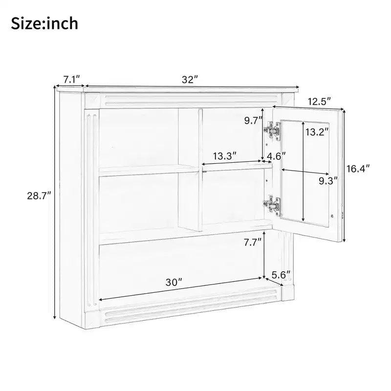 Rechteckiger Medizinschrank aus MDF mit Spiegel, 32 in. B x 28 in. H, 5 herausnehmbare Ablagen, sanft schließende Scharniere