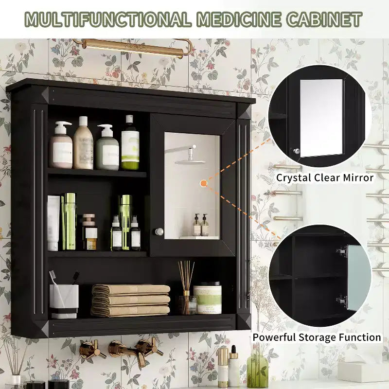 Rechteckiger Medizinschrank aus MDF mit Spiegel, 32 in. B x 28 in. H, 5 herausnehmbare Ablagen, sanft schließende Scharniere