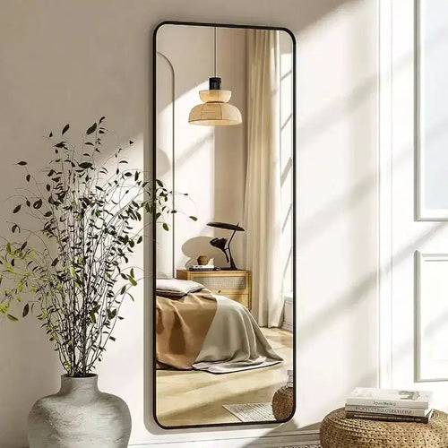 Miroir intégral sur pied de 56 inchx 21 inch, miroir rectangulaire à coins arrondis pour chambre ou salon, noir