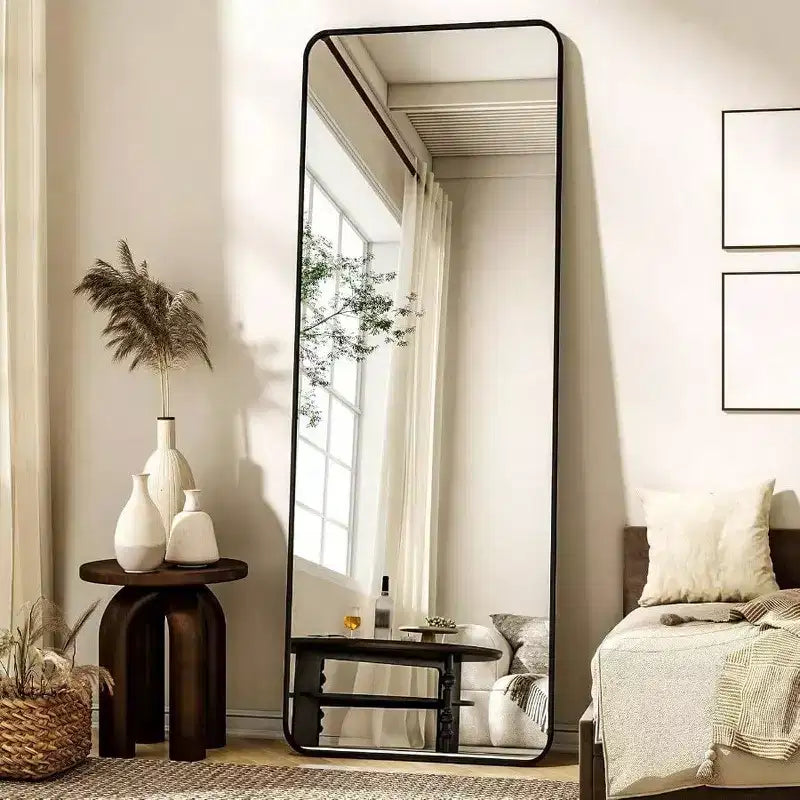 Miroir intégral sur pied de 56 inchx 21 inch, miroir rectangulaire à coins arrondis pour chambre ou salon, noir