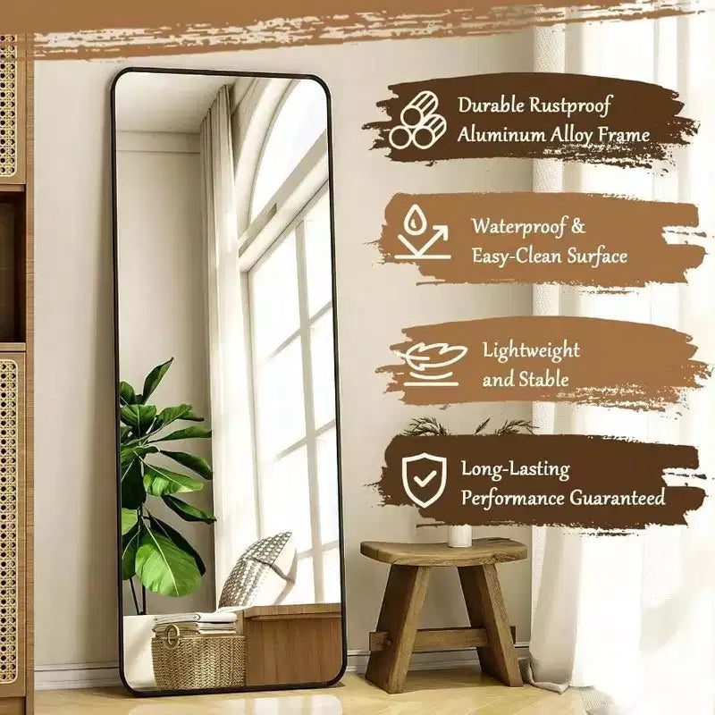 Miroir intégral sur pied de 56 inchx 21 inch, miroir rectangulaire à coins arrondis pour chambre ou salon, noir