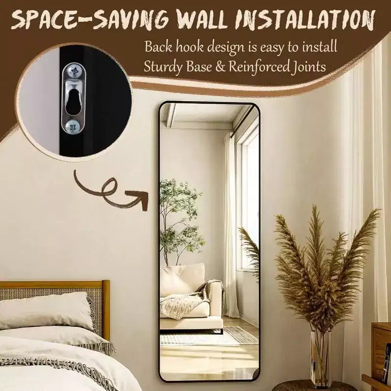 Miroir intégral sur pied de 56 inchx 21 inch, miroir rectangulaire à coins arrondis pour chambre ou salon, noir