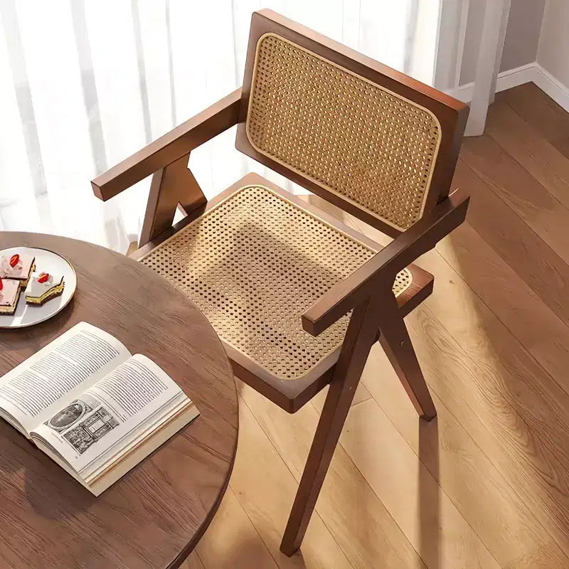 Moderne Esszimmerstühle im Mid-Century-Stil, 2er-Set, Rattanstühle als Akzent, bequeme Sessel, Holzstühle für draußen mit Armlehnen, für Schlafzimmer, Braun