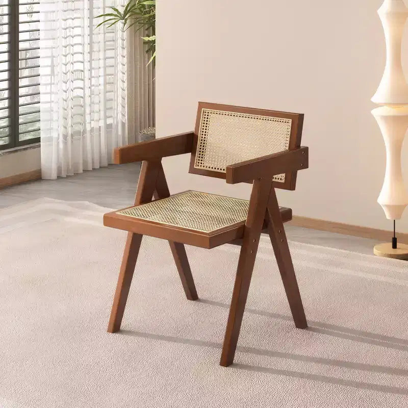 Juego de 2 sillas de comedor modernas de estilo de mediados de siglo, sillas decorativas de ratán, cómodos sillones, sillas de madera para exteriores con reposabrazos, para dormitorio, marrones