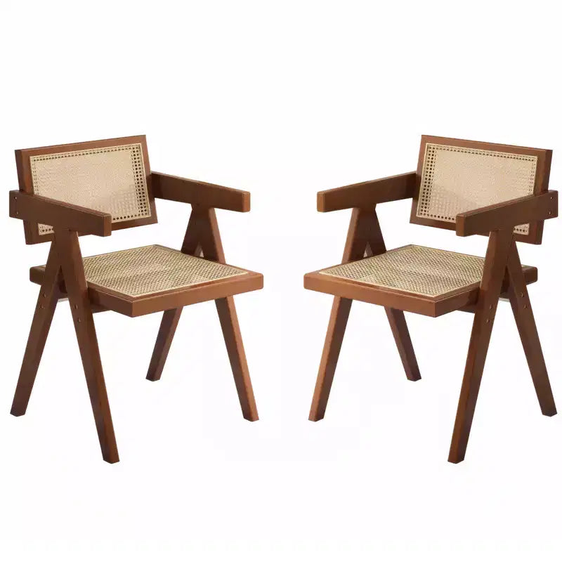 Juego de 2 sillas de comedor modernas de estilo de mediados de siglo, sillas decorativas de ratán, cómodos sillones, sillas de madera para exteriores con reposabrazos, para dormitorio, marrones