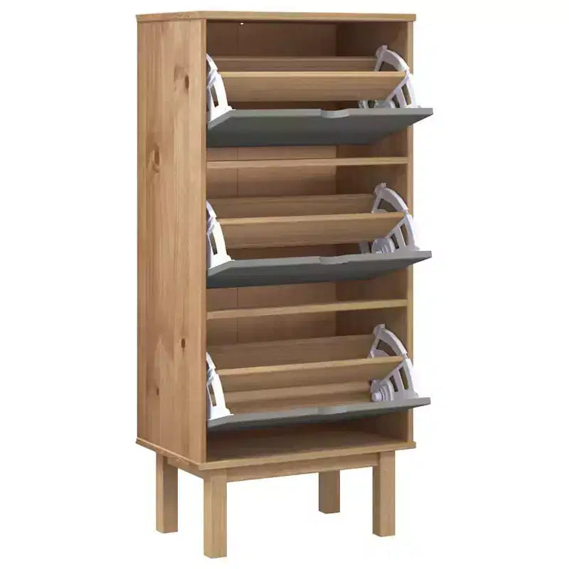 Schuhschrank aus massivem braunem Kiefernholz, mittelgroß