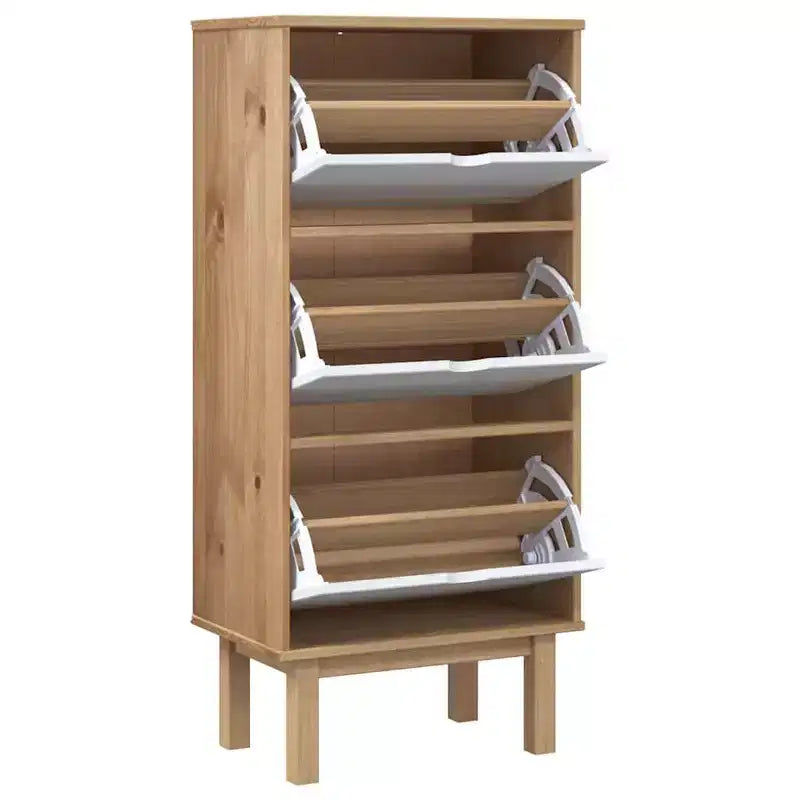 Schuhschrank aus massivem braunem Kiefernholz, mittelgroß