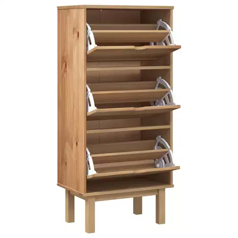 Schuhschrank aus massivem braunem Kiefernholz, mittelgroß