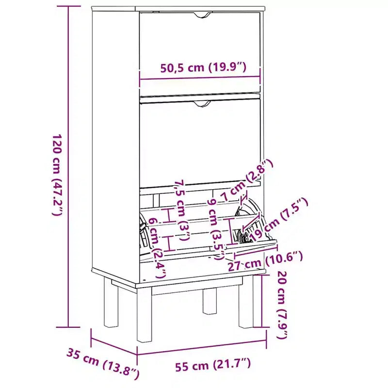 Schuhschrank aus massivem braunem Kiefernholz, mittelgroß