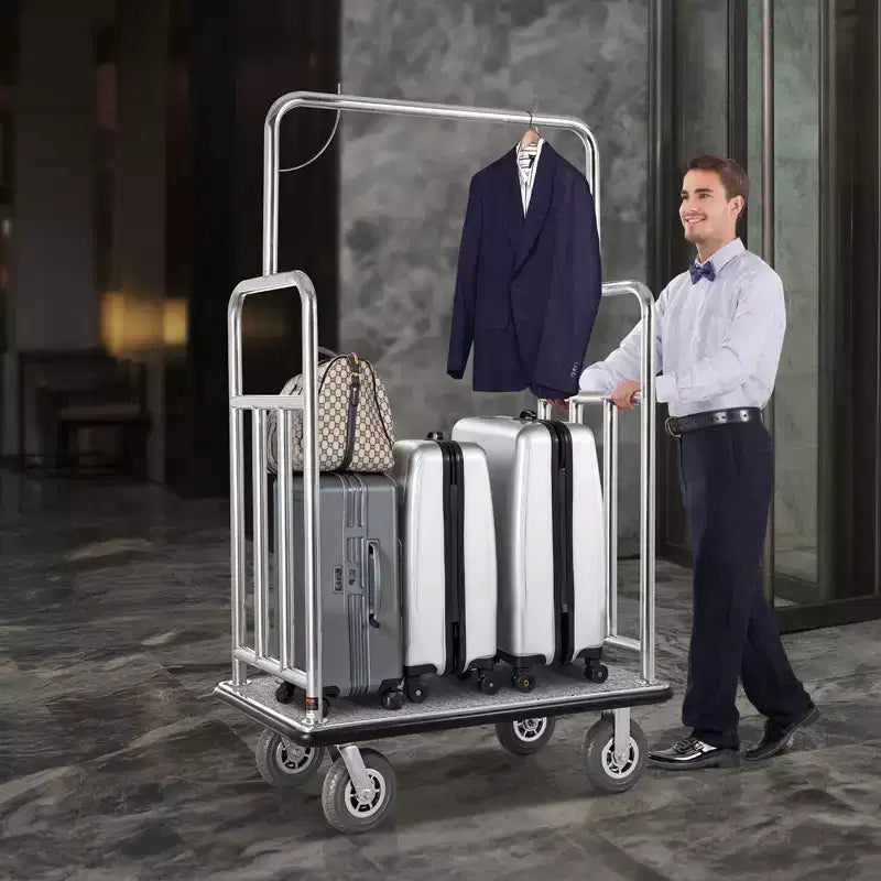 Chariot à bagages d’hôtel, capacité de charge de 1200 LBS, finition en acier inoxydable brossé, chariot de bagagiste avec plateau recouvert de moquette grise et roues de 8 po, argenté