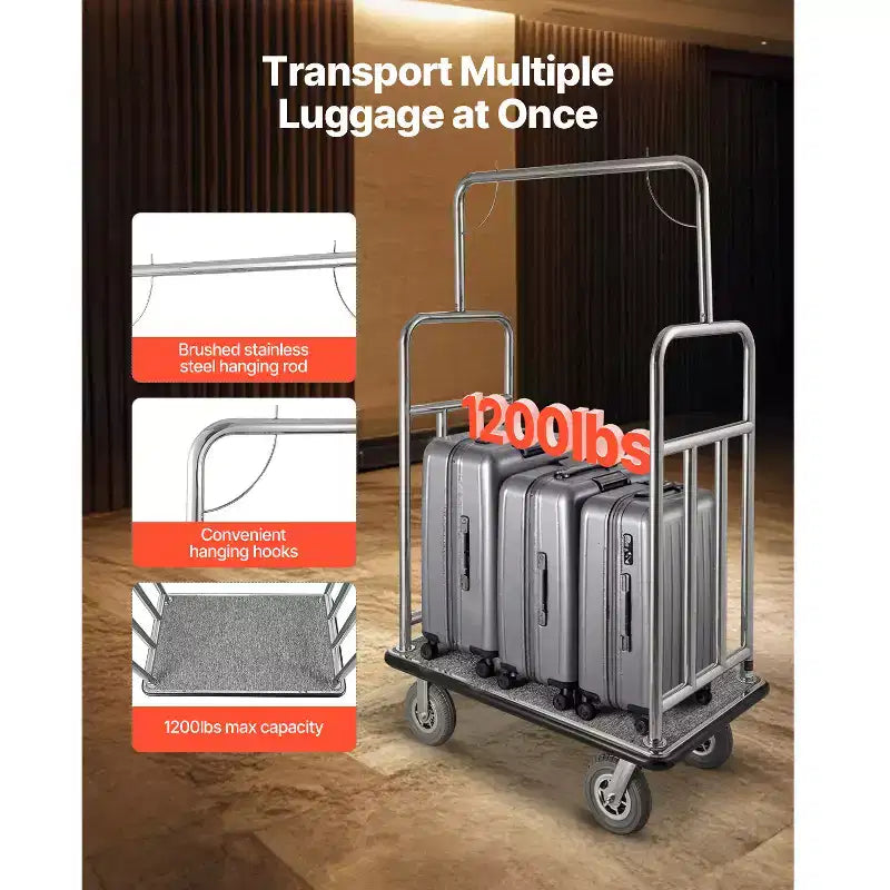 Hotel-Gepäckwagen, Tragkraft 1200 LBS, Servierwagen aus gebürstetem Edelstahl, Gepäckwagen mit grauem Teppichbelag und 8in, Silber