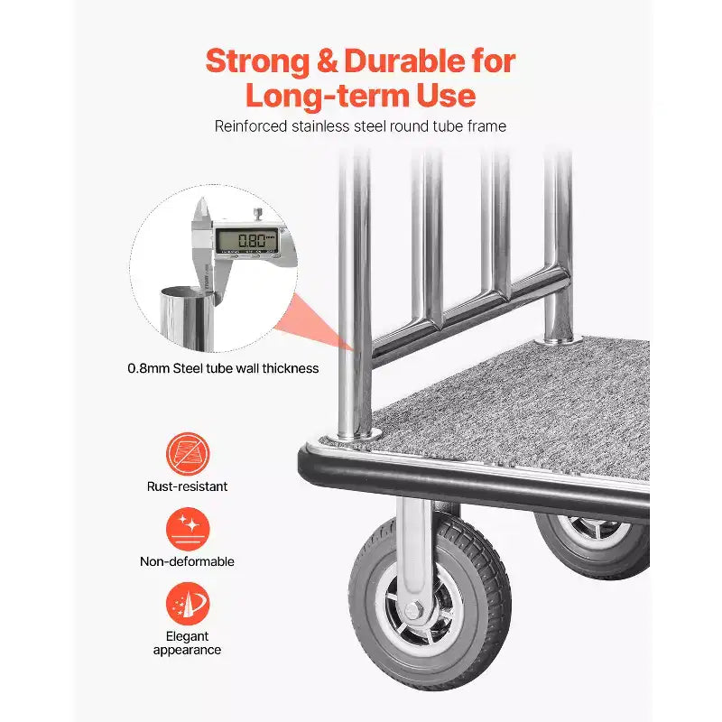 Chariot à bagages d’hôtel, capacité de charge de 1200 LBS, finition en acier inoxydable brossé, chariot de bagagiste avec plateau recouvert de moquette grise et roues de 8 po, argenté