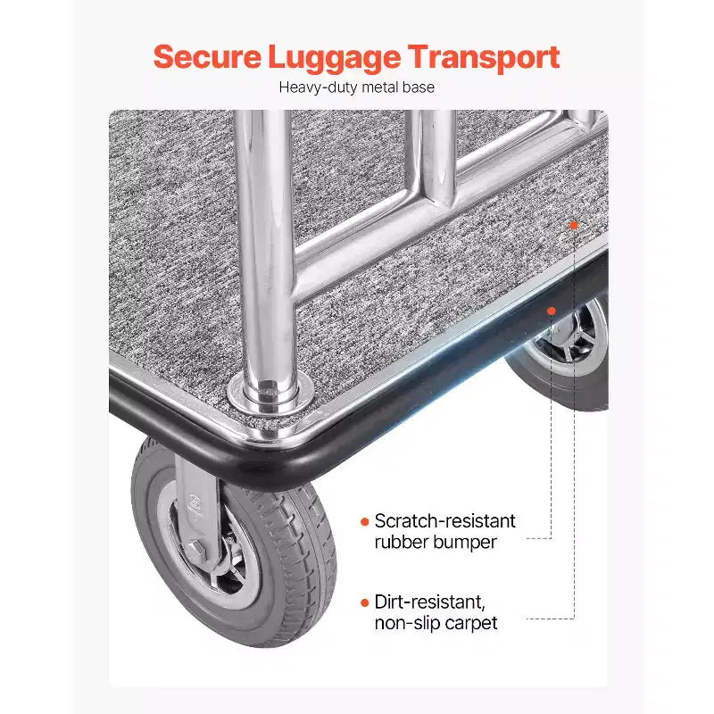 Chariot à bagages d’hôtel, capacité de charge de 1200 LBS, finition en acier inoxydable brossé, chariot de bagagiste avec plateau recouvert de moquette grise et roues de 8 po, argenté