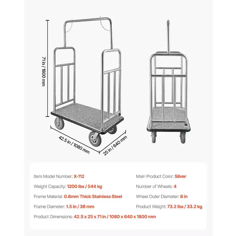 Chariot à bagages d’hôtel, capacité de charge de 1200 LBS, finition en acier inoxydable brossé, chariot de bagagiste avec plateau recouvert de moquette grise et roues de 8 po, argenté